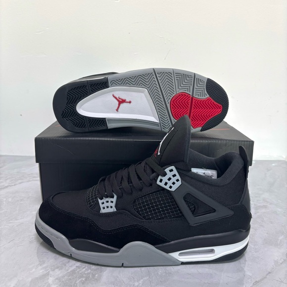 Brand New Retro 4 Black Canvas -Men’s Black/Gray Sneakers Shoes w/ Red Accents - Picture 5 of 6